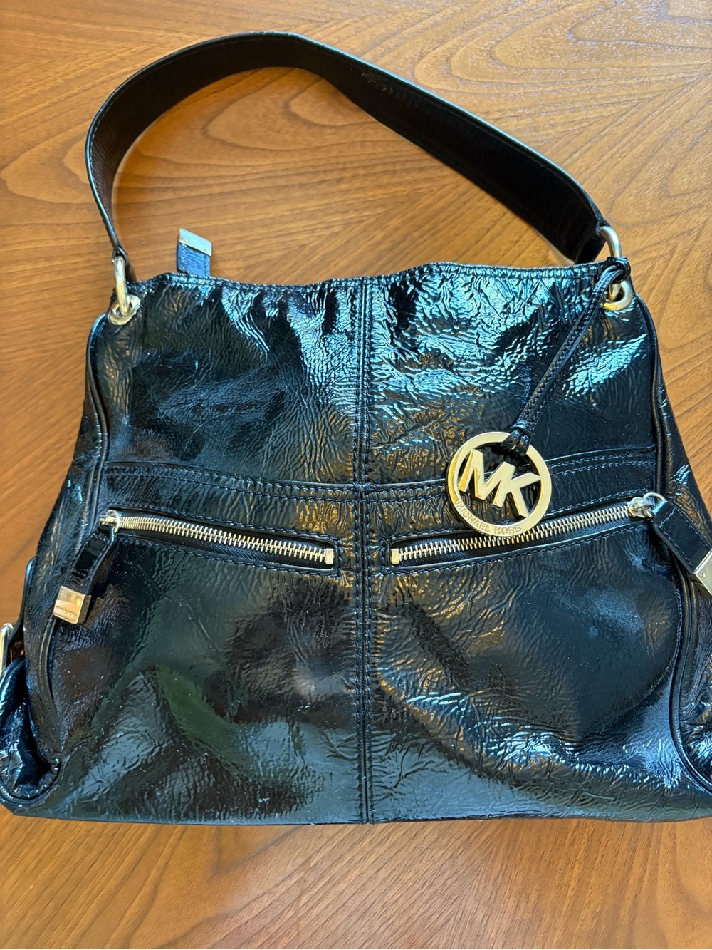 Michael Kors Black Patent Shoulder Bag with Gold MK Charm